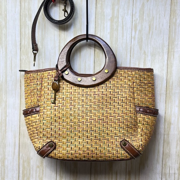 Fossil Woven Wood Handle Leather Detailed Hand Bag w/ Multi Color InnerWoven - Picture 13 of 17